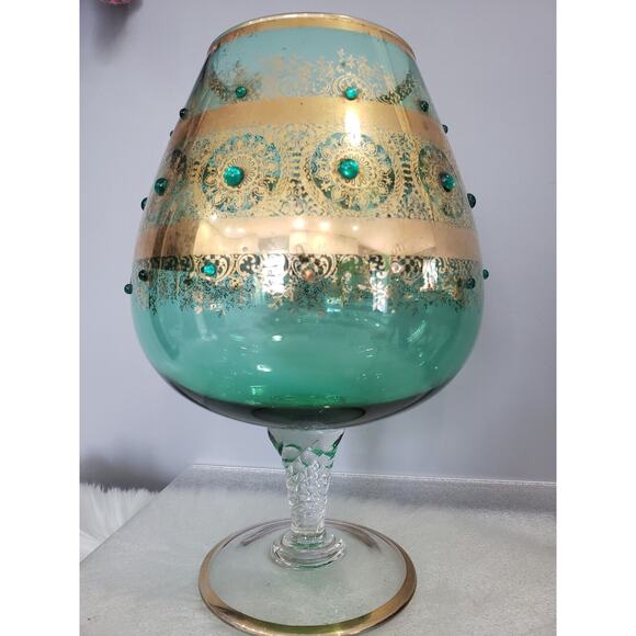 LARGE Vintage Jeweled Empoli Brandy Snifter Vase Gold Green Gilded Bohemian‎ - Picture 4 of 8